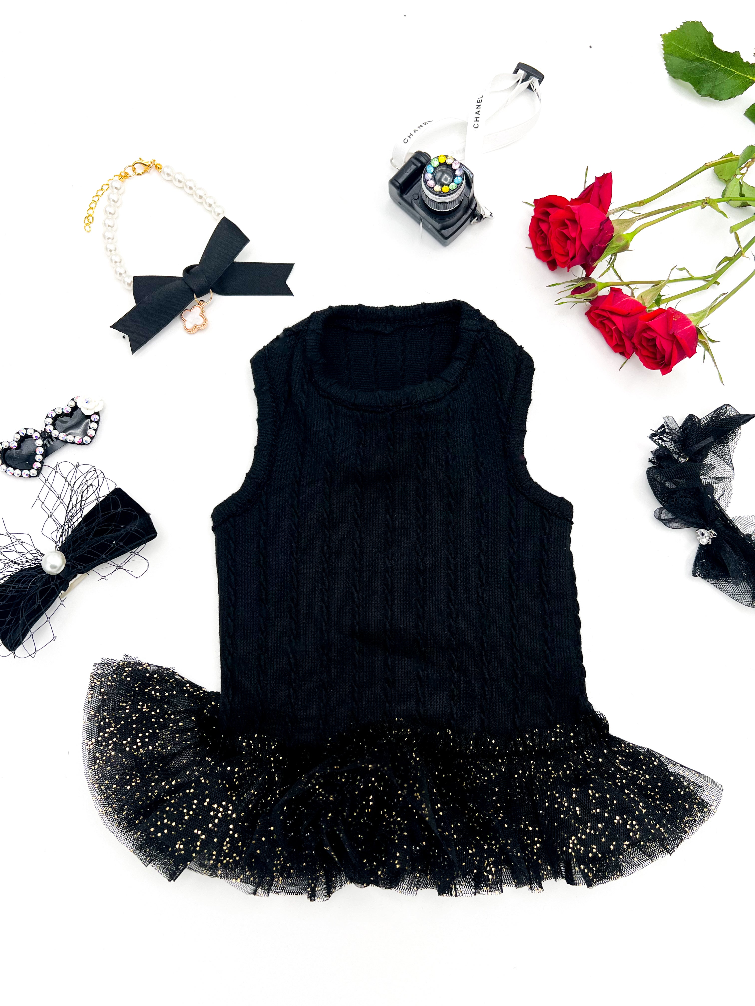 Midnight knit beaded tulle sleeveless dress