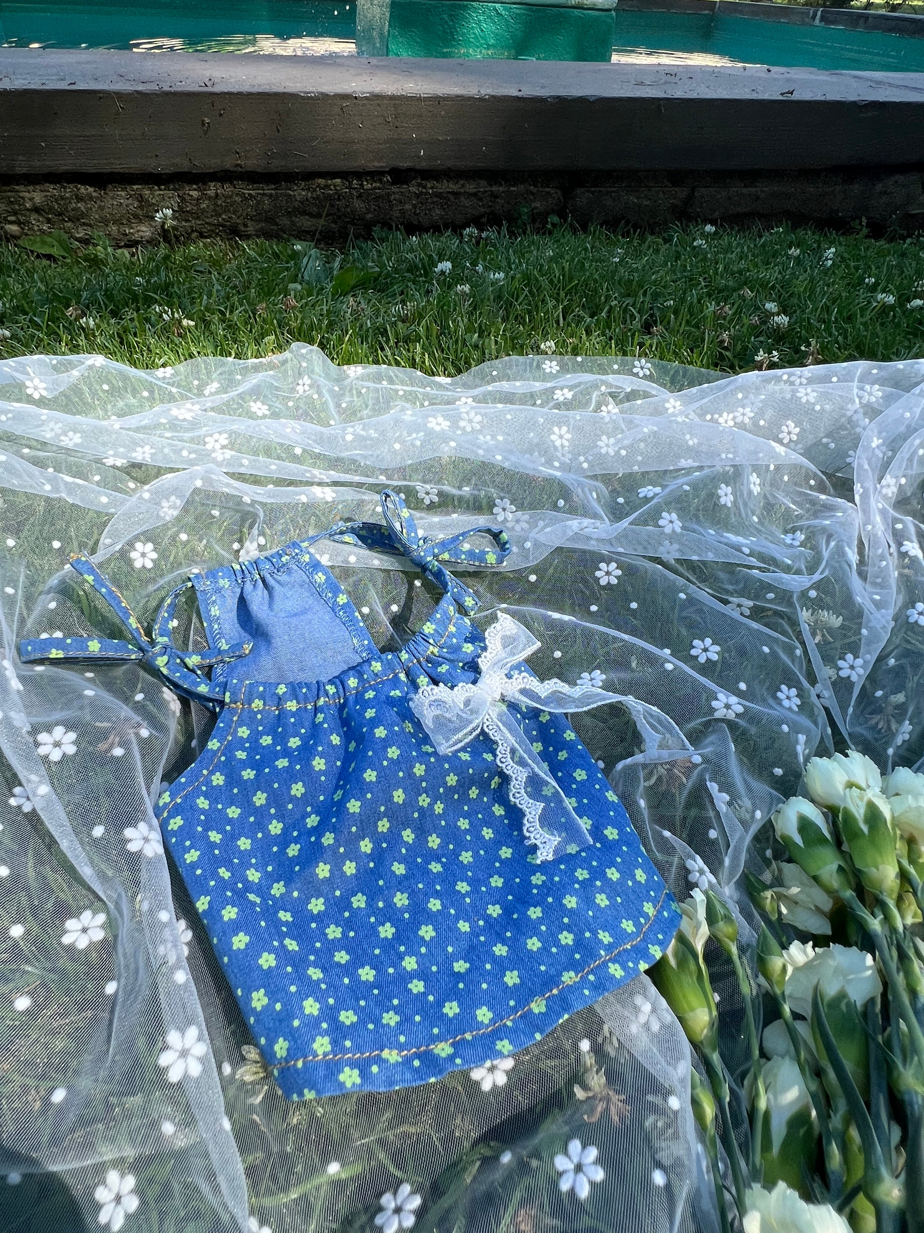 Floral Glow Denim Dress With Lace Bow