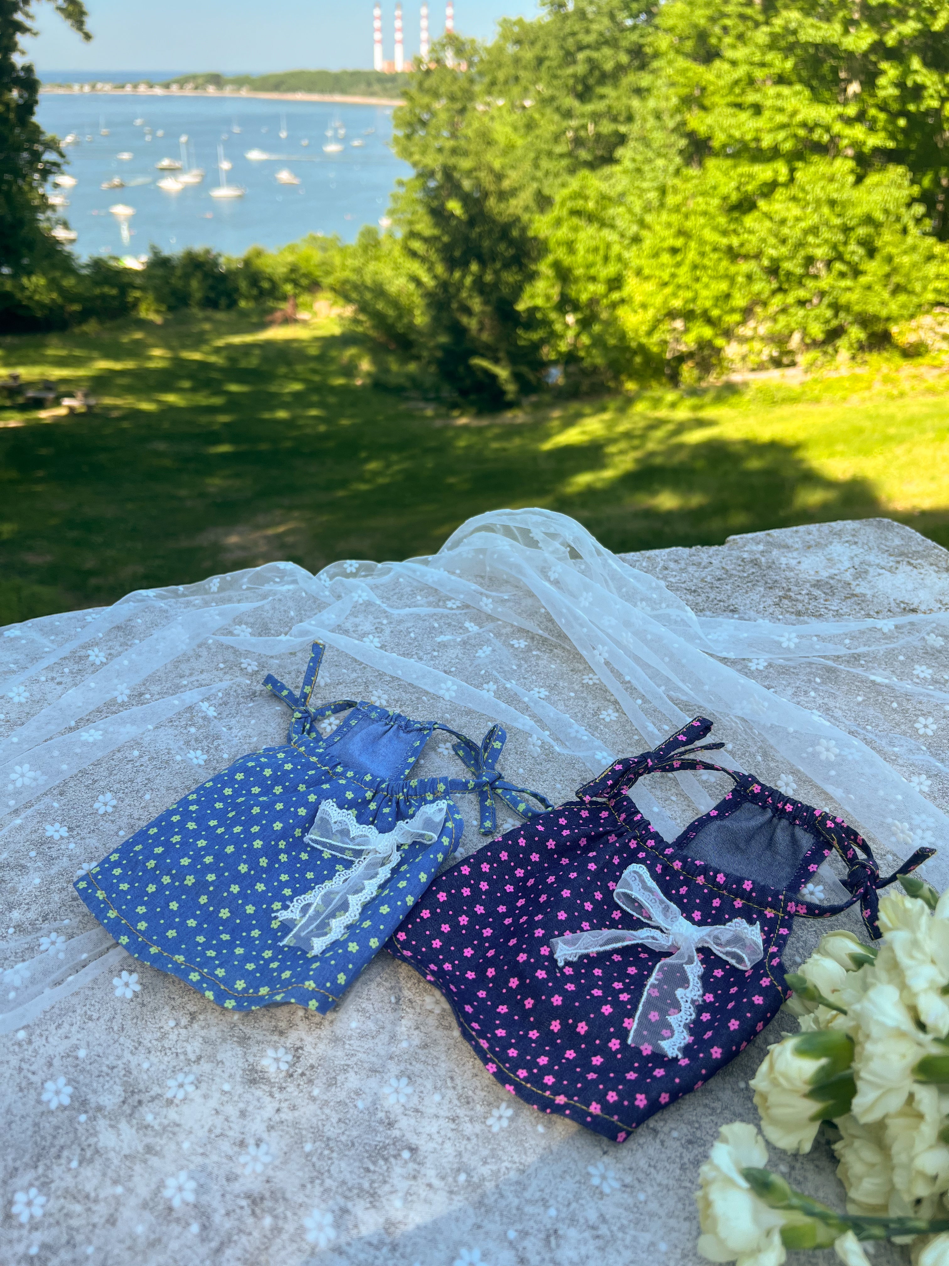 FLORAL GLOW DENIM DRESS WITH LACE BOW